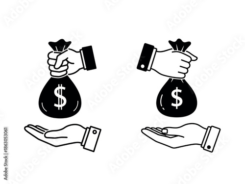 Money bag hand giving and receiving cash icon set vector illustration