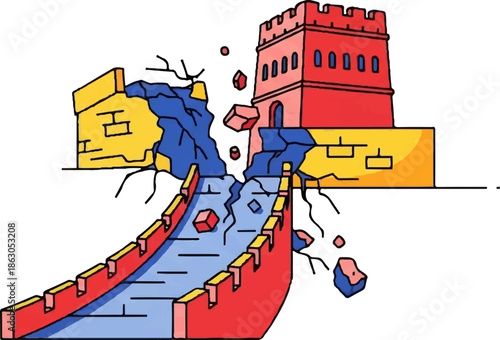 Crumbling ancient wall section with a red tower and fallen masonry