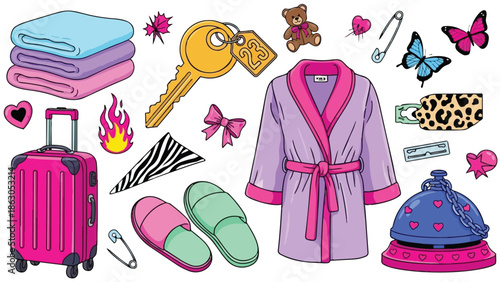 Colorful flat design collection of cozy bathrobe slippers pink suitcase and various small cute items with hearts and butterflies