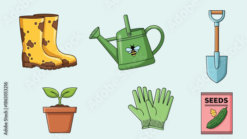 Colorful vector illustration of gardening tools including muddy yellow boots green watering can with bee and shovel close up set