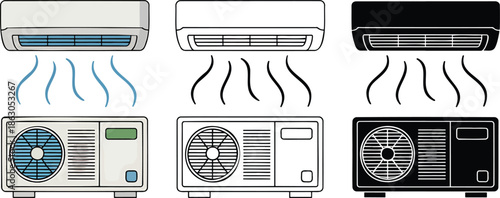 Air conditioner silhouette & Outline and illustration set isolated on transparent background