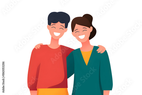 A Friendly Embrace: Two cheerful companions stand shoulder to shoulder, their smiles radiating warmth and camaraderie.