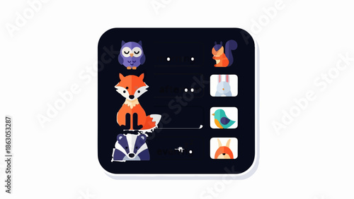 Cute cartoon animals like an owl, fox, and badger are displayed with associated text boxes and matching animal icons