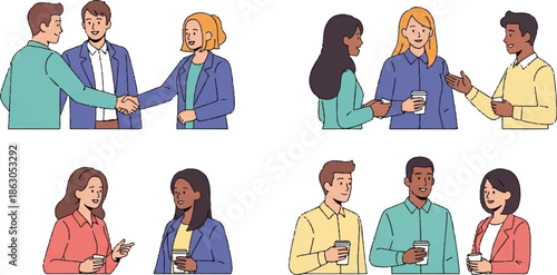 Diverse professionals in business attire converse and shake hands, some holding coffee cups