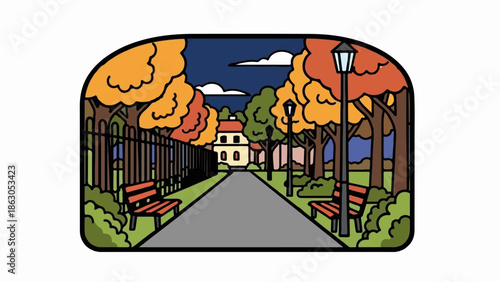 Autumn park pathway lined with trees, benches, a fence, and a house
