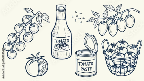 Hand drawn vintage style tomatoes with bottle of tomato sauce, can of tomato paste, tomato branches, and basket full of tomatoes illustration