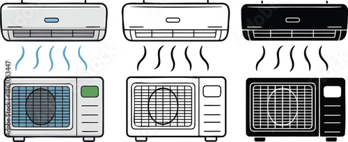 Air conditioner silhouette & Outline and illustration set isolated on transparent background