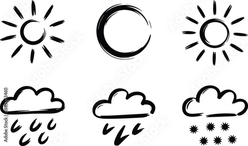 Hand-Drawn Weather Icons: Sun, Clouds, Rain, Snow, Brush Stroke Style, Simple Weather Symbols Vector Illustration
