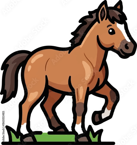 Cute cartoon brown horse with a white face stripe, standing on a patch of green grass, looking friendly
