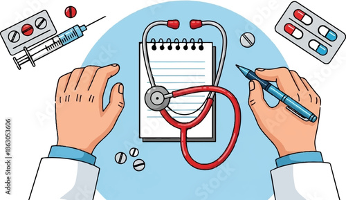 Doctor's hands writing on notepad surrounded by medical supplies like stethoscope, pills, and syringe