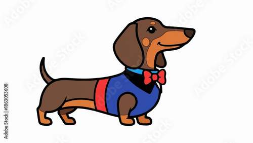 Cute cartoon dachshund wearing a blue sweater with a red stripe and a red bow tie, white background