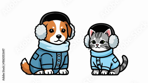 Cute cartoon dog and cat dressed in matching blue winter coats, scarves, and earmuffs, smiling on white
