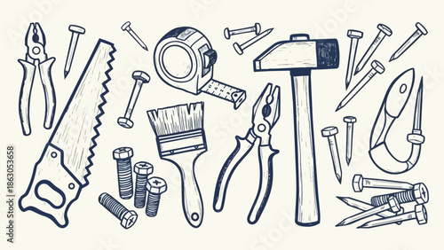 Hand drawn vintage style construction tools collection including hammer pliers saw paintbrush tape measure nails and screws close up view
