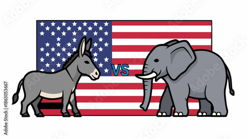 Donkey and elephant facing off against the American flag