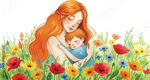 Mother and child in a field of colorful flowers on a sunny day