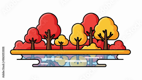 Autumnal foliage and water reflections in a stylized landscape