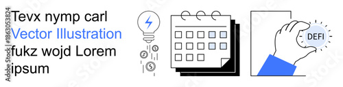Financial planning, fintech innovation, blockchain technology, decentralized finance, digital payments, currency exchange. Includes a calendar, light bulb with symbols, and a hand holding a defi
