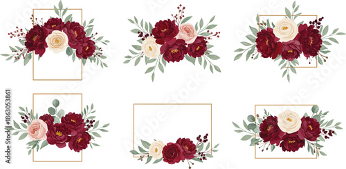 Collection of floral frames with red roses and green leaves