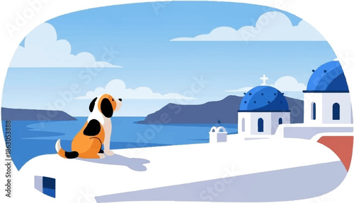 Cute cartoon dog on a white building, overlooking a blue sea with distant islands and blue-domed churches