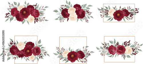 Watercolor floral frames with roses in various shapes and sizes