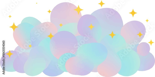 Dreamy pastel clouds with yellow starbursts scattered across a white background