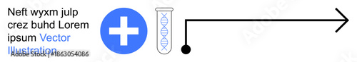 Healthcare, biotechnology, medical research, genetic analysis, laboratory testing, diagnostics. Medical cross, DNA test tube arrow. Healthcare and biotechnology