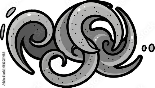 Dynamic abstract graphic featuring intertwined gray tentacles or swirling fluid forms with dark spots