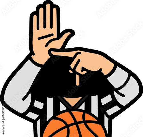 Basketball referee signaling a foul or timeout, holding a ball, wearing a striped uniform