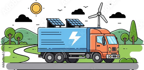 Eco-friendly truck with solar panels and wind turbine on a scenic road
