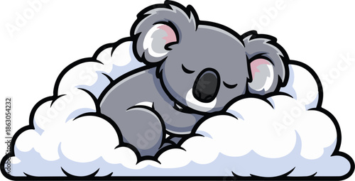 Cute cartoon koala sleeping soundly on fluffy white clouds