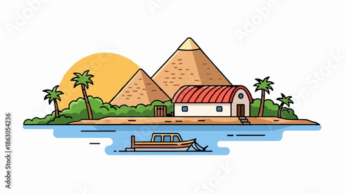 Egyptian pyramids, palm trees, a house, and a boat on the water under a bright sun