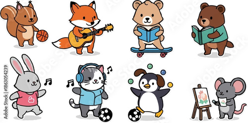 Eight adorable cartoon animals engaged in various hobbies playing, reading, and creating art