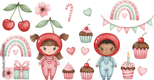 Whimsical illustration of children in fruit hats surrounded by cupcakes and decorations