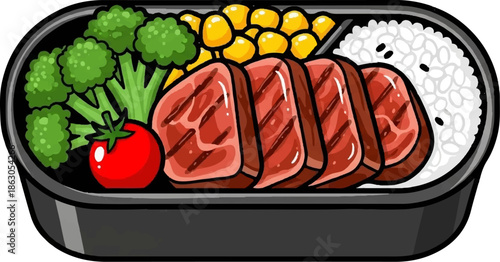 Bento box with grilled meat slices, broccoli, corn kernels, tomato, and white rice