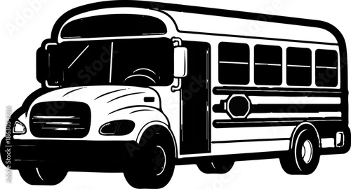 Black and white cartoon illustration of a school bus, side view, ready for student transport