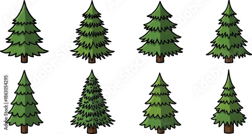 Eight distinct cartoon evergreen trees with green foliage and brown trunks, arranged on a white background