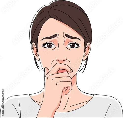 Anxious woman with hand over mouth, brow furrowed, eyes wide