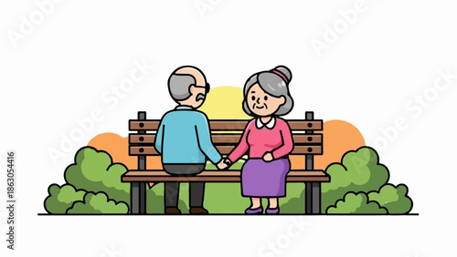 Elderly couple holding hands on park bench at sunset