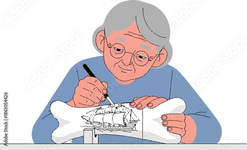 An elderly person with glasses and grey hair carefully carves a sailing ship into a large bone