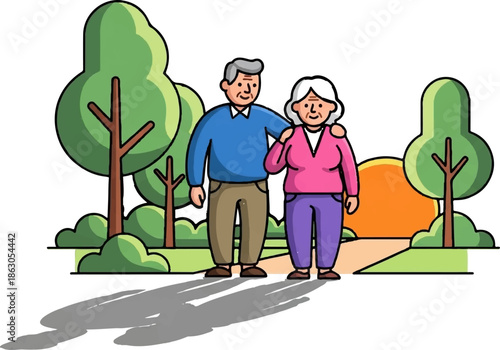 Elderly couple walks in park at sunset, surrounded by trees and bushes