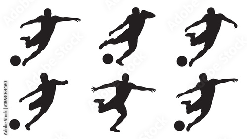 Black Silhouettes of Soccer Players Kicking Ball in Various Poses