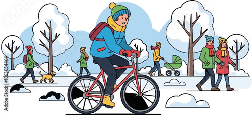 Animated winter scene with people biking, walking dogs, pushing strollers, and strolling