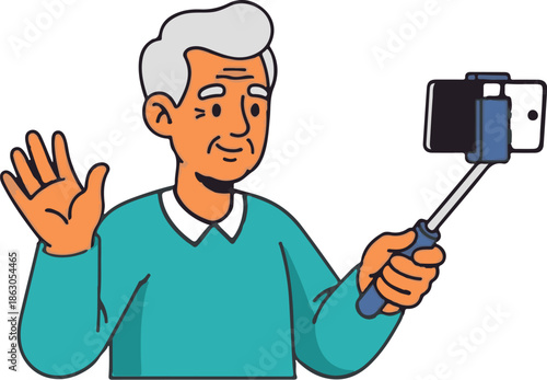 Elderly man waving hello while holding a selfie stick and phone