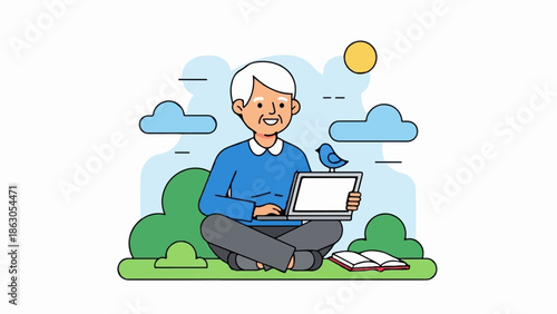 Elderly person with laptop, bird, book, sun, and clouds