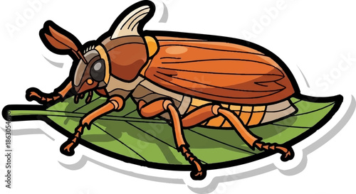 Colorful cartoon beetle illustration with brown body and prominent antennae, perched on a green leaf
