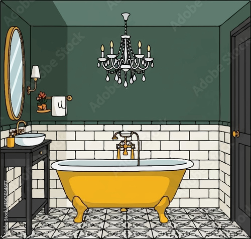 Elegant bathroom with clawfoot tub, chandelier, and tiled walls