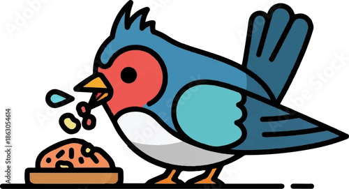 Colorful cartoon bird with blue and red feathers pecking food from a bowl, spilling some morsels