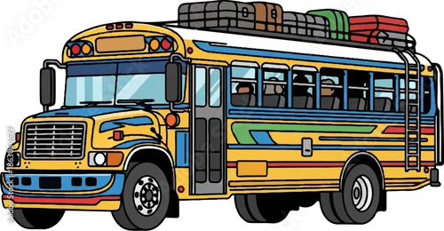 Colorful cartoon bus loaded with luggage for travel