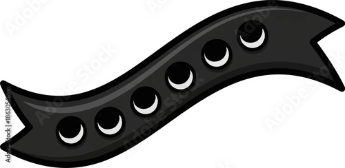 Black ribbon with circular cutouts and crescent highlights, against white