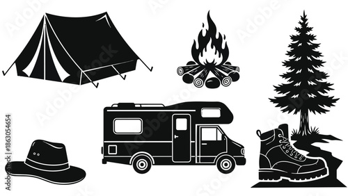 Black silhouette camping tent campfire rv motorhome hiking boot pine tree and outdoor explorer hat vector icons